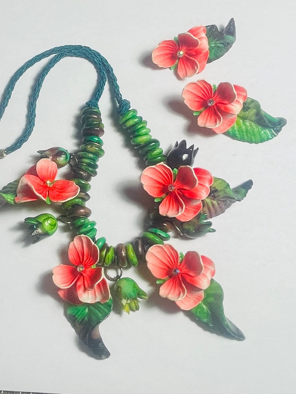 Floral Coral and Green Statement Necklace and Earring Set